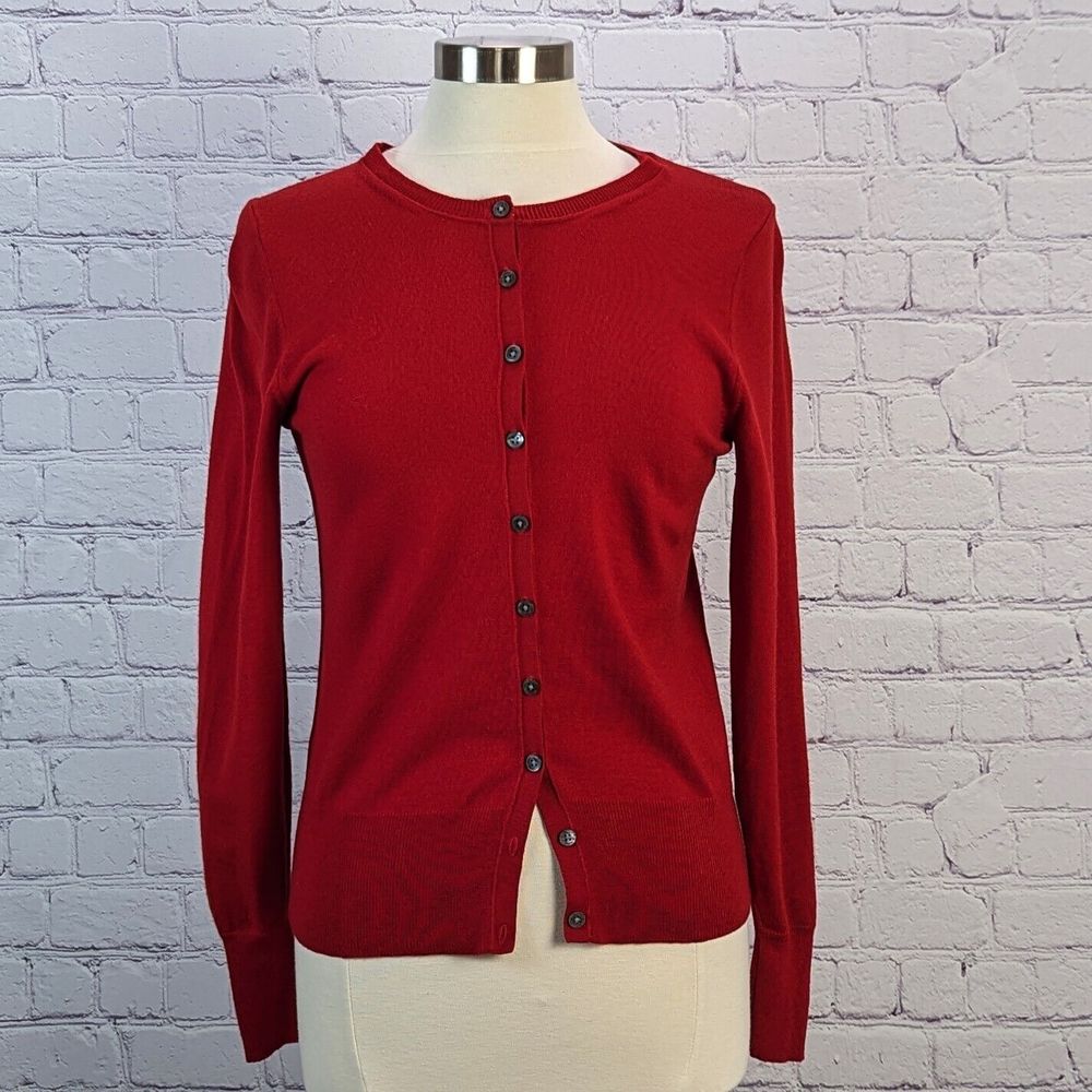 Banana Republic Women Medium Extra Fine Merino Wool Rich Red Cardigan Crew Neck